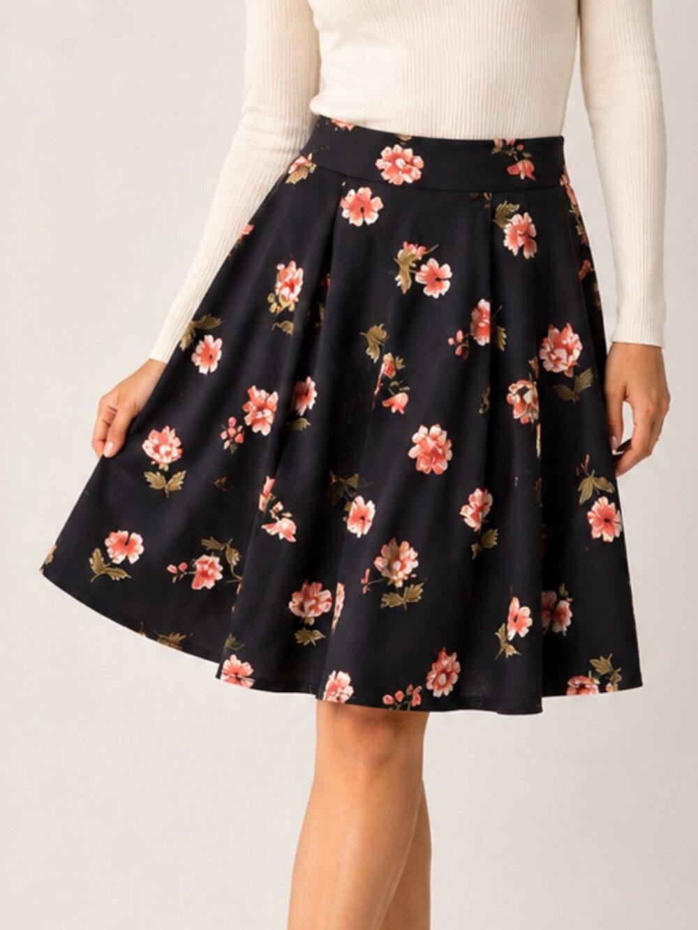 Faith and Joy Floral A-Line Skirt Small Black Pink High Waist Midi